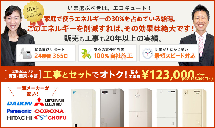 いま選ぶべきは、エコキュート!家庭で使うエネルギーの30%を占めている給湯。このエネルギーを削減すれば、その効果は絶大です!販売も工事も20年以上の実績。