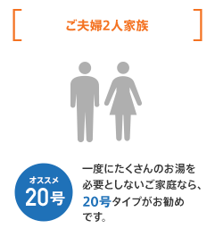 給湯器：オススメ20号 ご夫婦2人家族 一度にたくさんのお湯を必要としないご家庭なら、20号タイプがお勧めです。