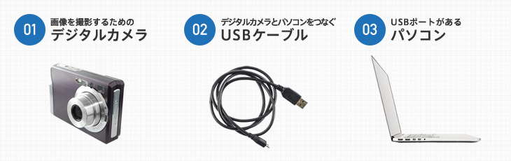①画像を撮影するためのデジタルカメラ ②デジタルカメラとパソコンをつなぐUSB ③USBポートがあるパソコン